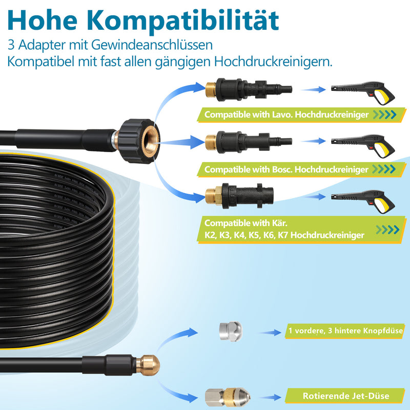 Sonnewelt pipe cleaning hose 10M-30M with rigid and swivel nozzles, 3 adapters