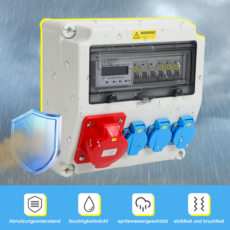 Sonnewelt Wandverteiler Baustromverteiler mit 3xSchuko-Steckdose16A 230V, 1xCEE Steckdosen 32A 5Polig mit 3-Phasen und MCB