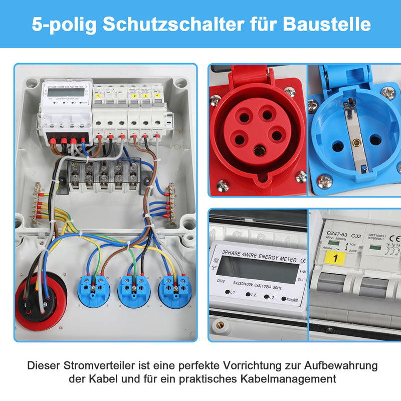 Sonnewelt Wandverteiler Baustromverteiler mit 3xSchuko-Steckdose16A 230V, 1xCEE Steckdosen 32A 5Polig mit 3-Phasen und MCB