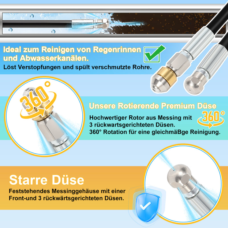 Sonnewelt pipe cleaning hose 10M-30M with rigid and swivel nozzles, 3 adapters