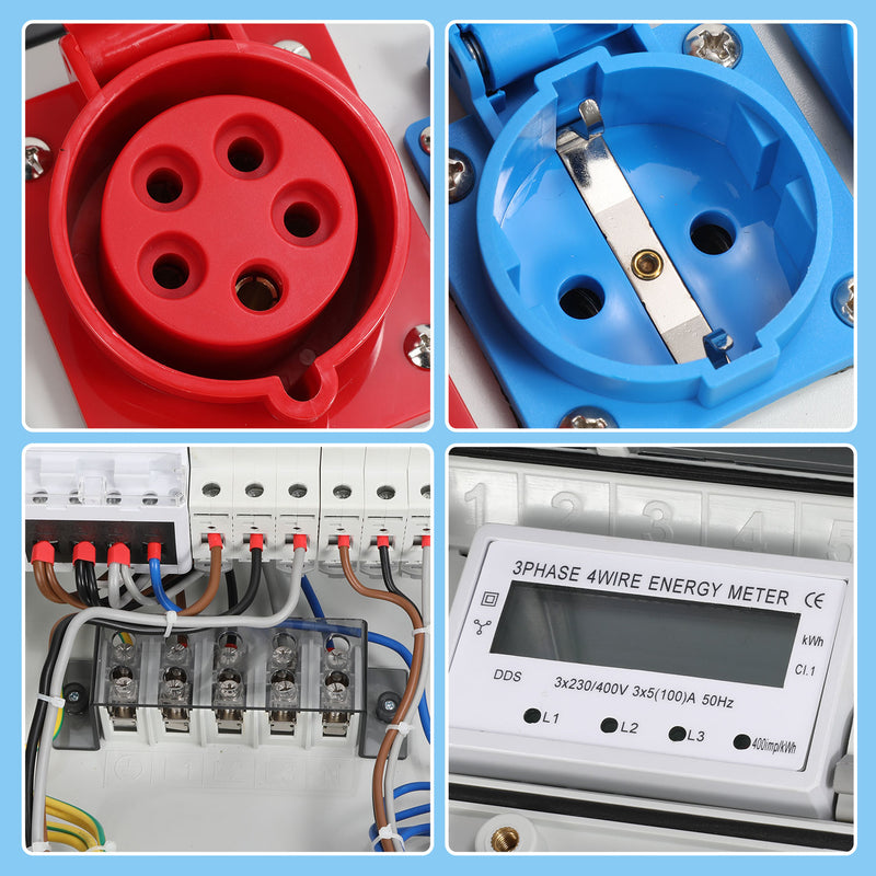 Sonnewelt Wandverteiler Baustromverteiler mit 3xSchuko-Steckdose16A 230V, 1xCEE Steckdosen 32A 5Polig mit 3-Phasen und MCB