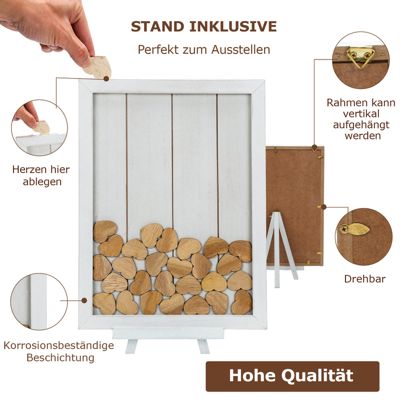 Sonnewelt Gästebuch Hochzeit aus Holz inkl. 81 Herzen, Gästebuch Holzrahmen mit Fotorahmen