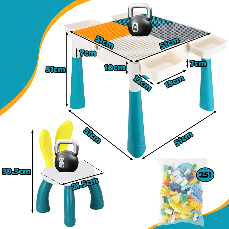 Sonnewelt Kindertisch mit 2 Stühle Spieltisch mit 251 Stück Bausteine